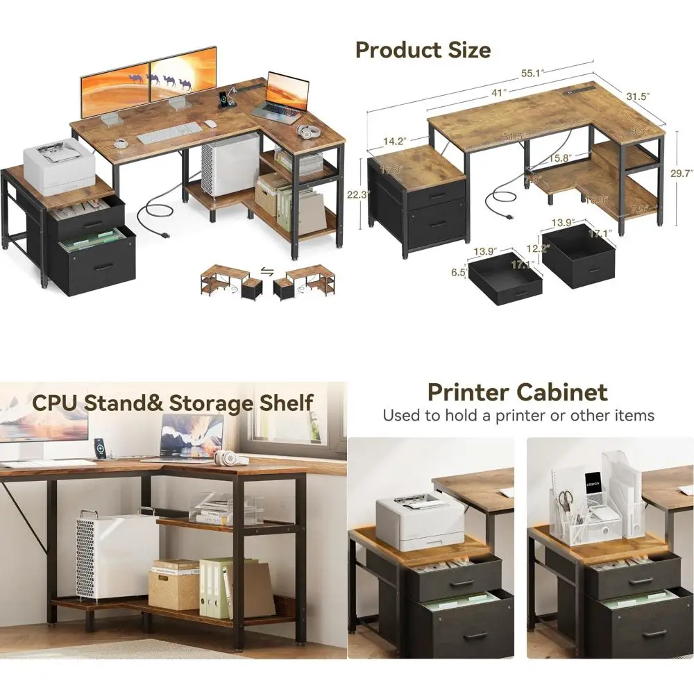 

L-образный двусторонний компьютерный стол с полками для хранения, ящиками, картотечным шкафом и подставкой для процессора — угловой стол для домашнего офиса