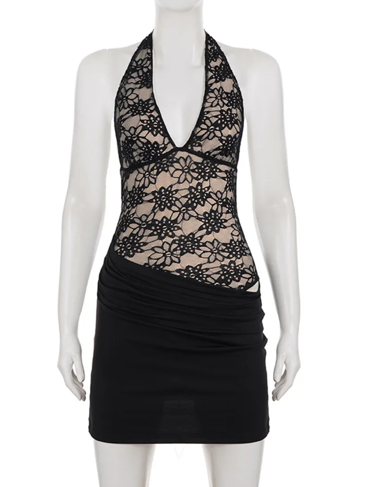 Blifanbo decote em v profundo halter renda sexy mini vestido feminino vestido ruched fora do ombro sem mangas sem costas magro clube vestidos de festa