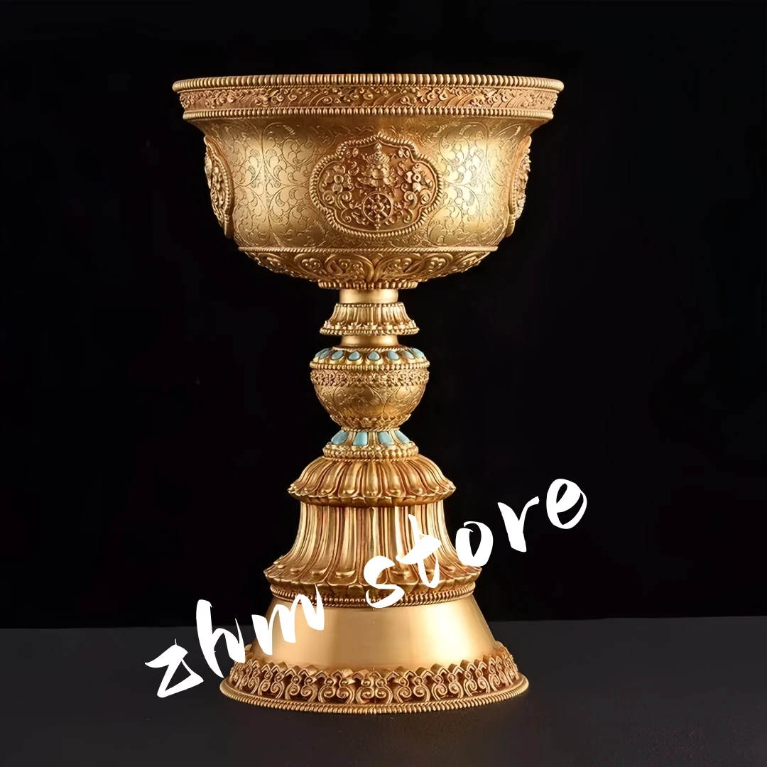 Tibetan Brass Candle Lamp Handicraft Embossed Inlaid Gem Tantric Candlestick Buddhist Wedding Altars Indoor Desktop Decoration