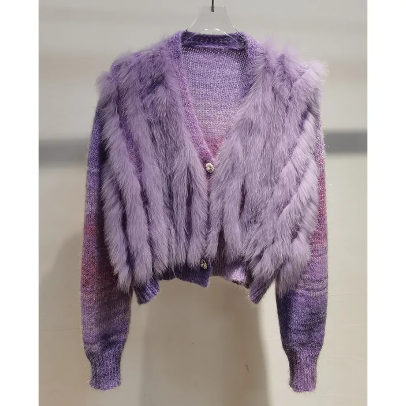 

2023 Autumn New Women Real Fox Fur Female Fashion Casual Sweater Coat Loose Warm Oversize Fox Fur Patchwork Outside Decoration