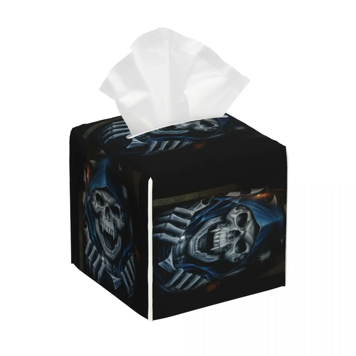 Custom Horror Grim Reaper Tissue Box Cover Square PU Leather Halloween Scary Skull Facial Tissues Holder for Car