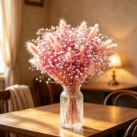 Dried Flowers Pink Color Bunny Tails Pampas Grass Featuring Baby'S Breath and Bunny Tails, for Bohemian Wedding Decors