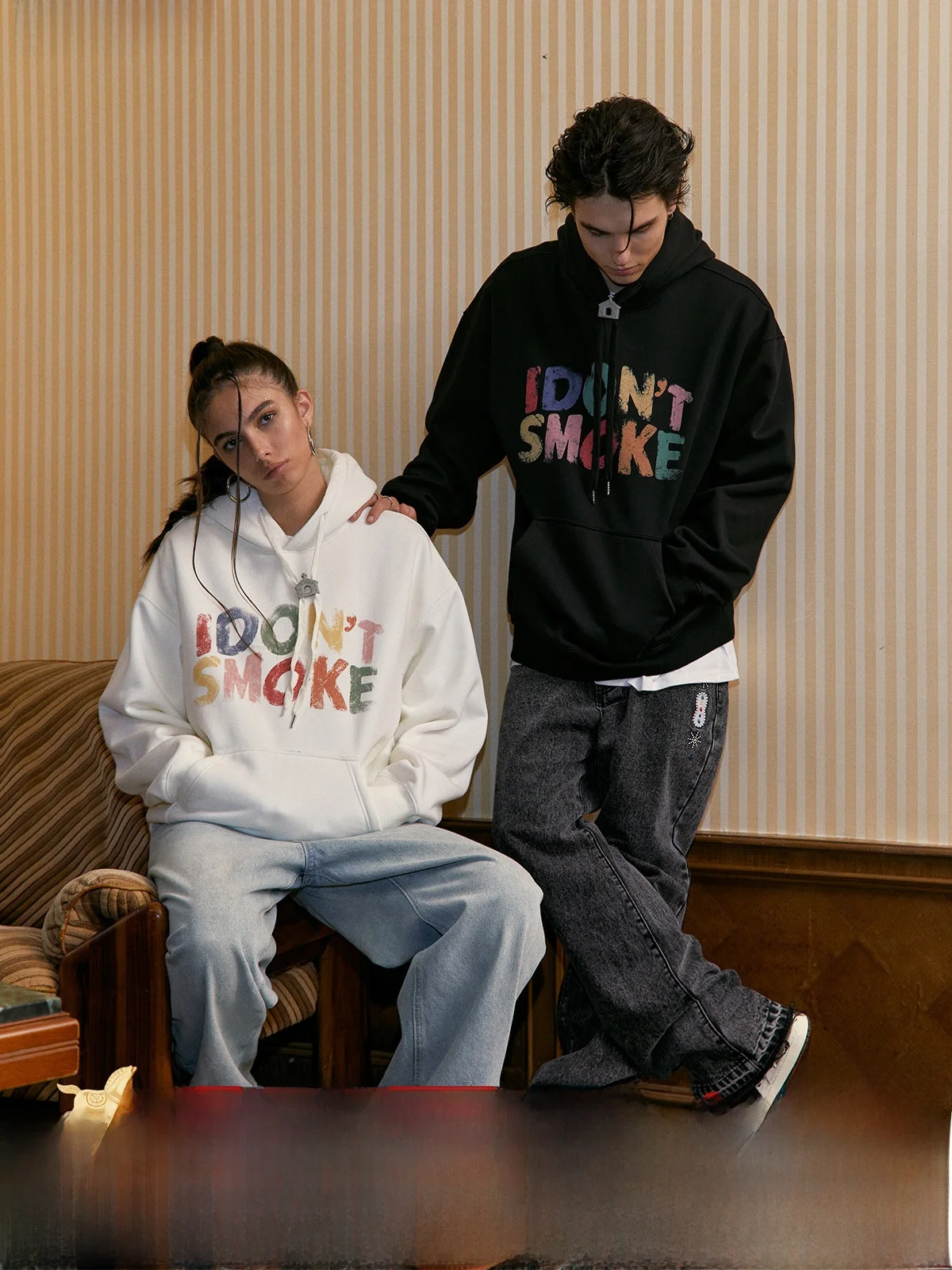 

Done American Street Sle Rainbow Logo Crayon Splatter Loose Fit Hoodie Youthful Trendy Cotton Polyester Blend