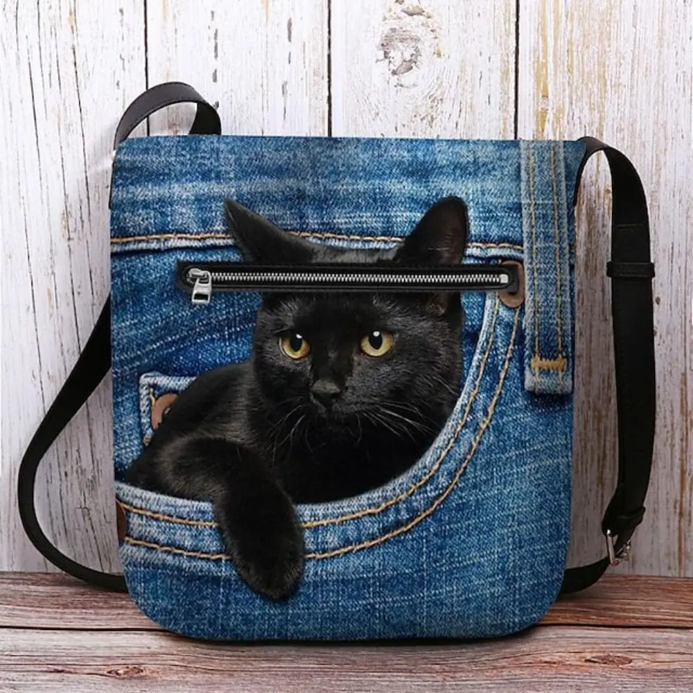 

Adjustable Strap Cat Print Crossbody Bag Buckle Closure Retro Faux Denim Messenger Bag Polyester Korean Style