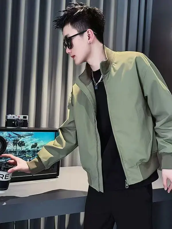 

American Sle Stand Collar Double Layer Baseball Jaet ort Casual Coat for Men Autumn Wear Polyester Fiber Long Sve Zi...