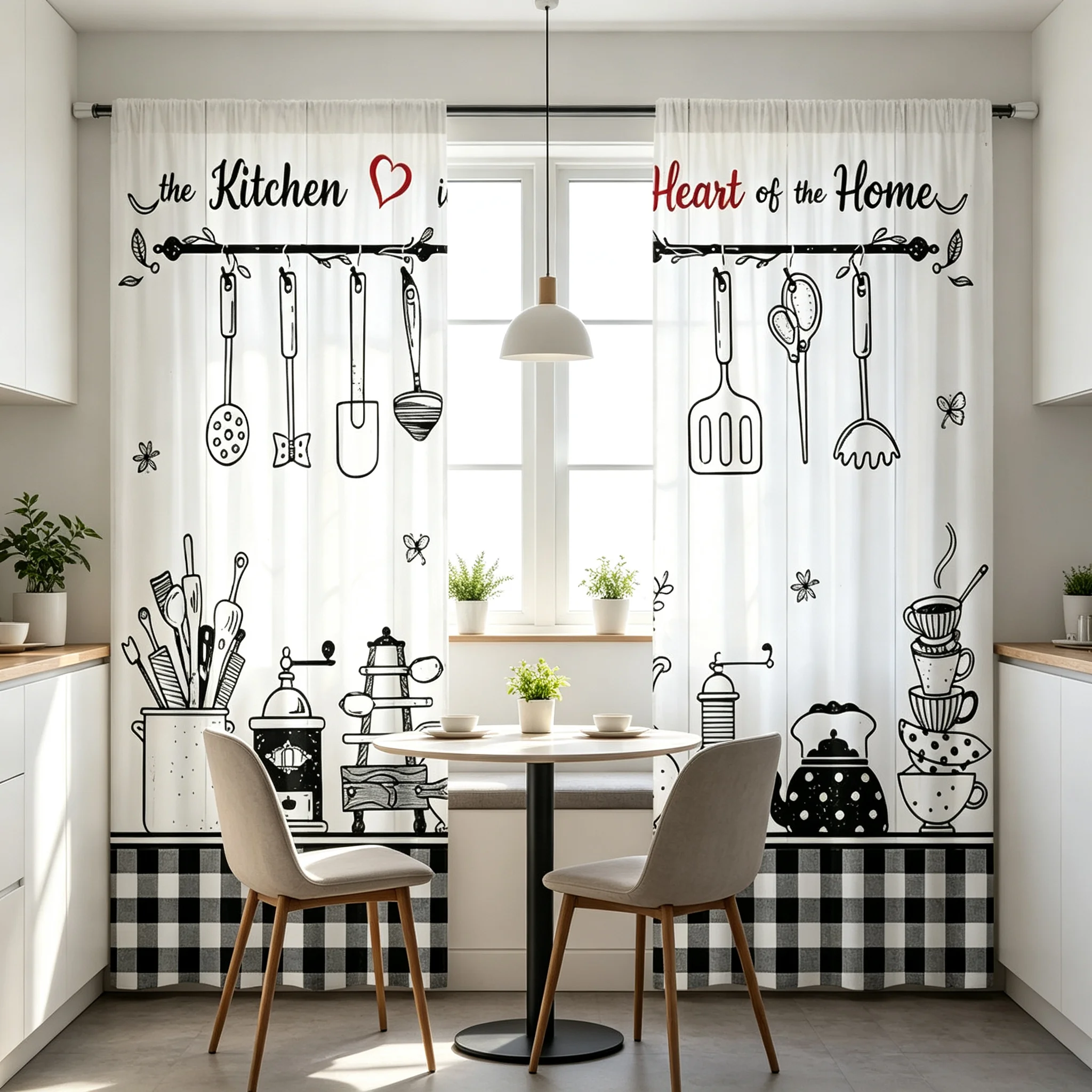 2D Flat 2Pcs Curtains Hand drawn Kitchen Pattern Warm Home Core Semi transparent Pole Suitable for Thanksgiving, Christmas
