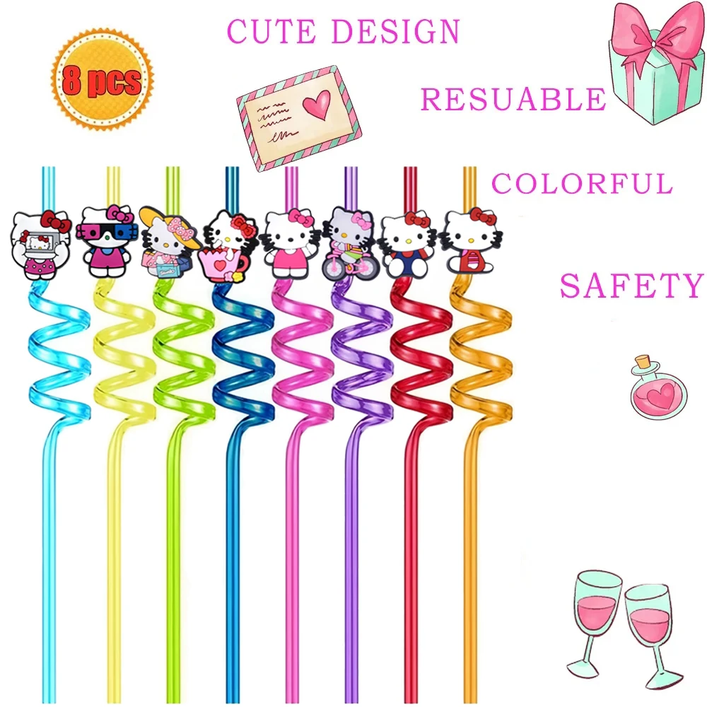 

8pcs/Pack Hello Kitty Straws Toppers Birthday Party Decoration Cat Reusable Straw Cover Cup Baby Shower Girls Favors Toy Gift