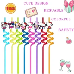 8pcs/Pack Hello Kitty Straws Toppers Birthday Party Decoration Cat Reusable Straw Cover Cup Baby Shower Girls Favors Toy Gift