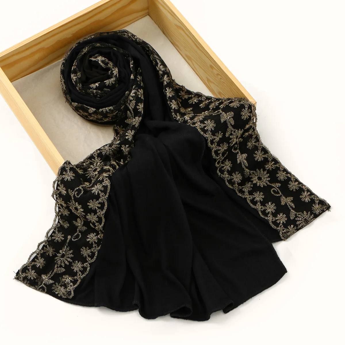 Spitze Stickerei Baumwolle Jersey Muslimischen Hijab Langen Schal Frauen Kopf Wraps Schal Turban Eid Soild Stirnband Malaysia Tudung 170*60 cm