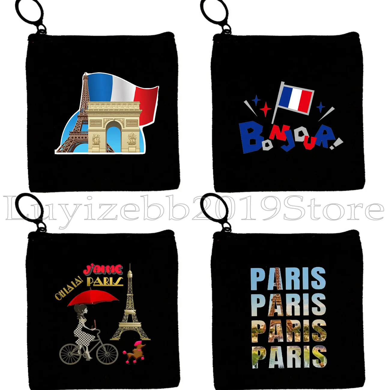 Amor paris frança mapa bandeira torre eiffel cidade pontos de referência pug vida baguette bolsa de lona bolsa de moedas caso chave saco carteira bolsa com zíper