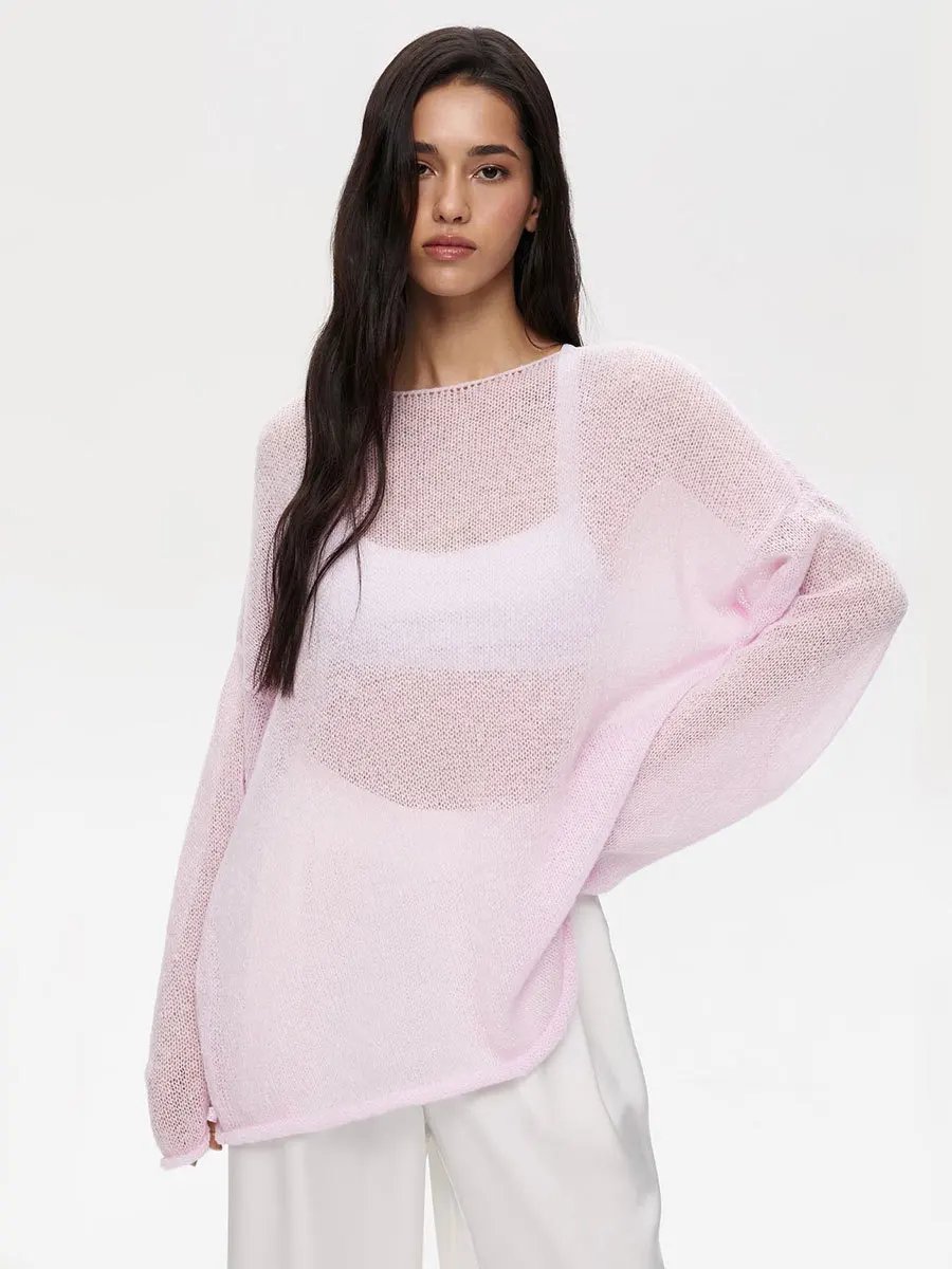 

Chic Hollow Out Knitted Sweater Y2k Clothing Pullover Women Clothing Trend Streetwear Flared Long Sleeve See-through Thin O-neck