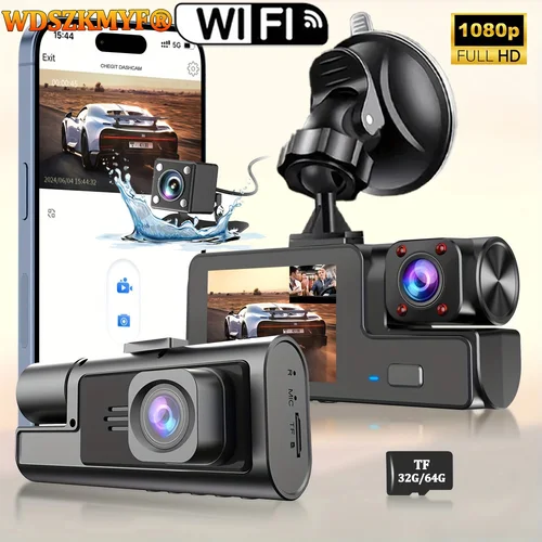 Imagen 1 del producto Cámara de salpicadero con 2/3 cámaras para coche, grabadora de vídeo 1080P, WIFI, DVR, camaras para coche，camara para auto，dashcam coche，visión trasera y delantera, visión nocturna, caja negra, accesorios para coche