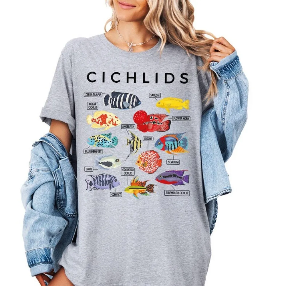 Cichlid الأسماك قميص ملون الأسماك الاستوائية تيز حوض السمك عاشق هدية الأنواع الرسم البياني قميص علم الأحياء المعلم تي شيرت الحيوانات الأليفة الأسماك المحملة