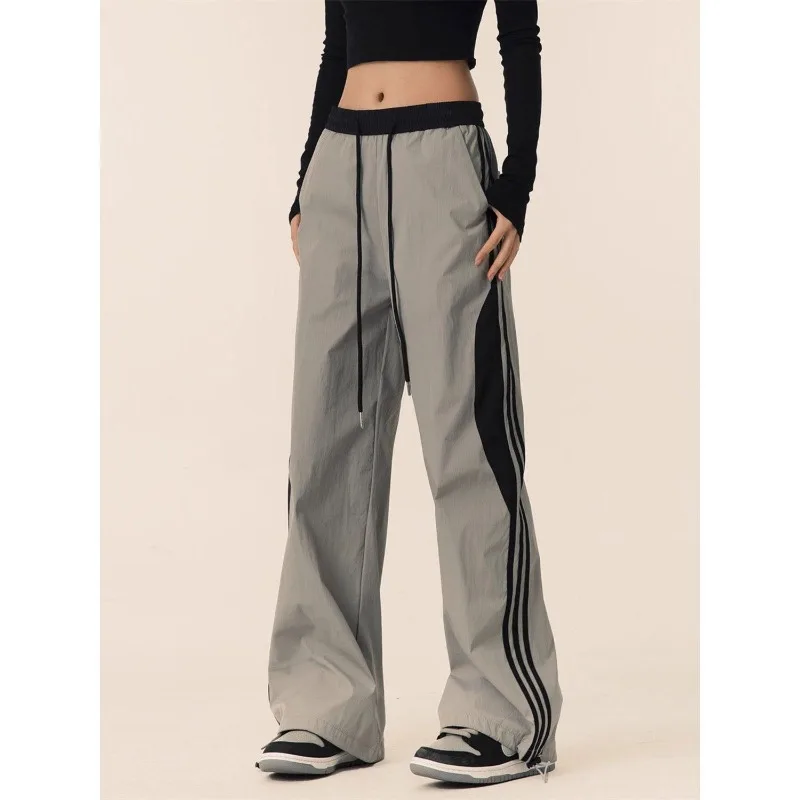 

Minimalist Commute Spring Summer Women's Pants Spliced Drawstring Pockets Straight Loose Casual High-waisted Wide Leg Trousers