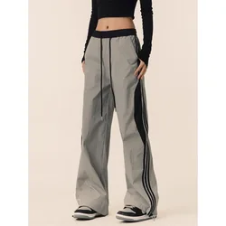 Minimalist Commute Spring Summer Women's Pants Spliced Drawstring Pockets Straight Loose Casual High-waisted Wide Leg Trousers