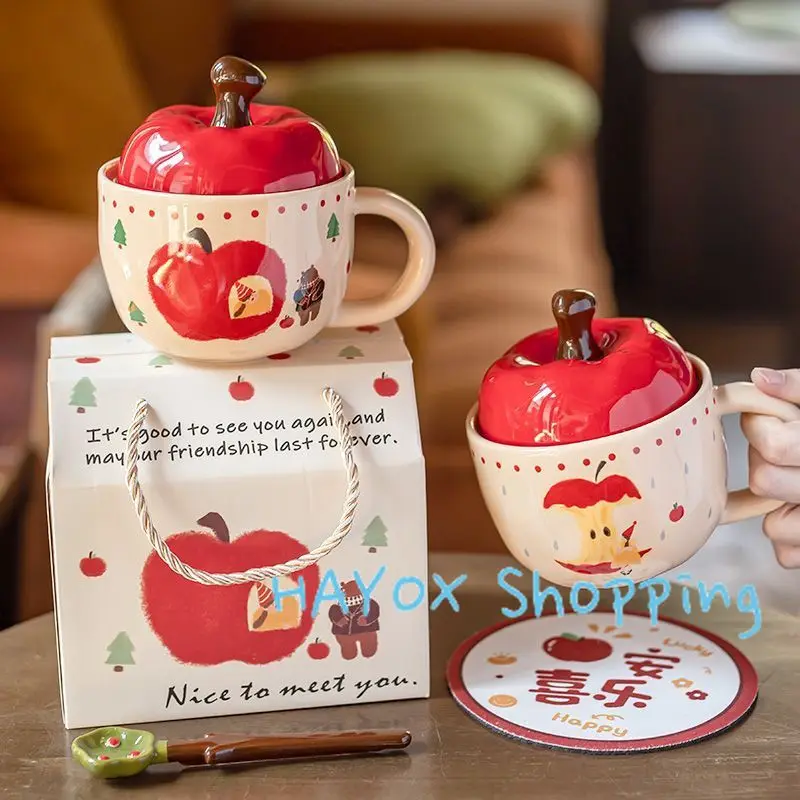 Christmas Apple Ceramic Cup, Vintage Girl\'s Apple Cup with Lid and Spoon Mug，Christmas Gift Coffee Couple Milk Breakfast Mugs
