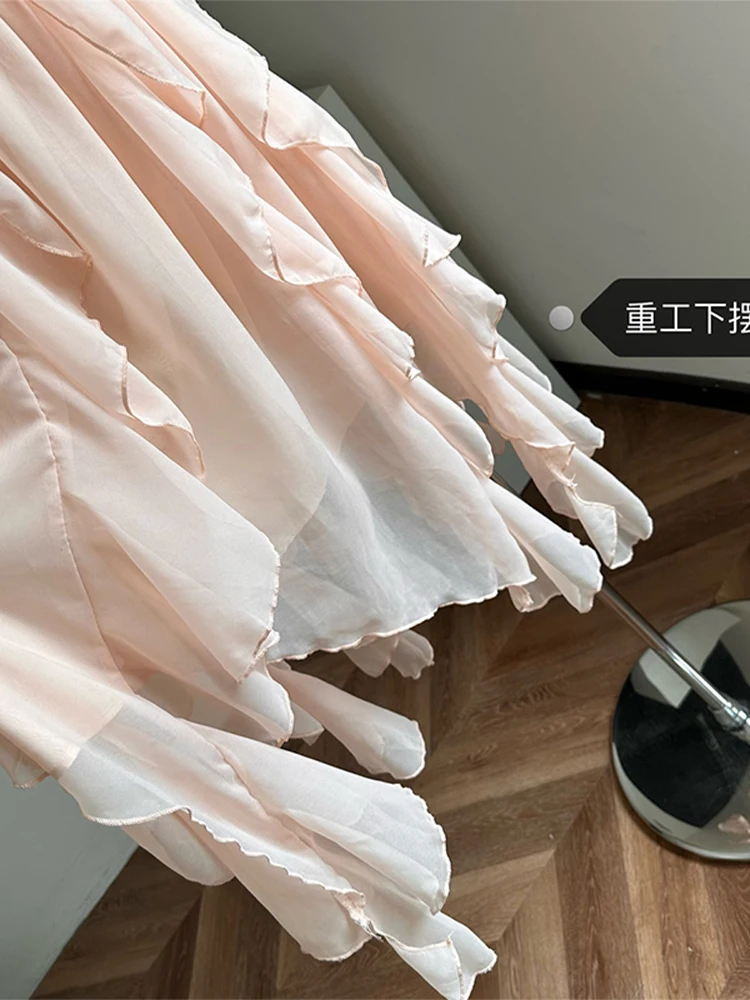 2023 Fashion New Women Vacations Pleated Suspender Vestidos Solid Color Irregular Ruffle Design Female Dress Vintage Cozy Chic