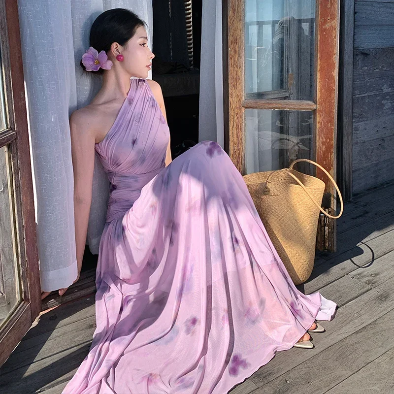 

Pink Purple Printed Waist Cinching Dress With Feminine Summer Temperament, Hollowed Out Slanted Shoulder Slim Fit Long Skirt