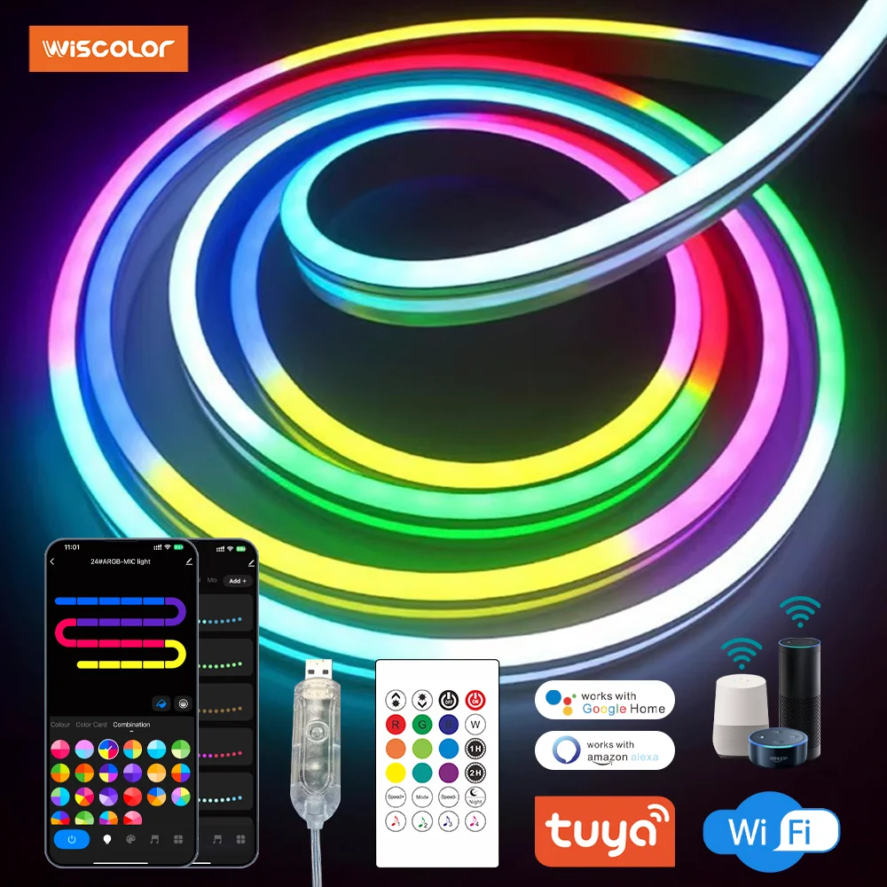 

WISCOLOR Tuya WIFI LED Neon Strip Lights Flexible Silicone Waterproof with Music sync/voice control For DIY Home Decor Lighting