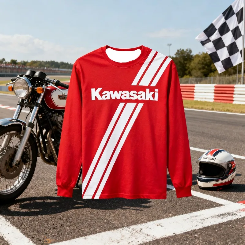 

MOTO-красная рубашка с длинным рукавом, жирными белыми диагональными полосками и рисунком логотипа Kawasaki