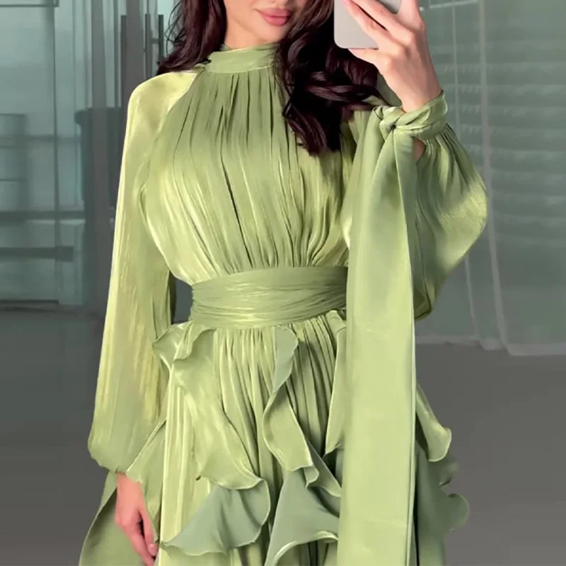 Estilo francês babados cetim vestido de noite elegante manga longa em camadas vestido de festa outono nova cor sólida senhora commute vestido longo