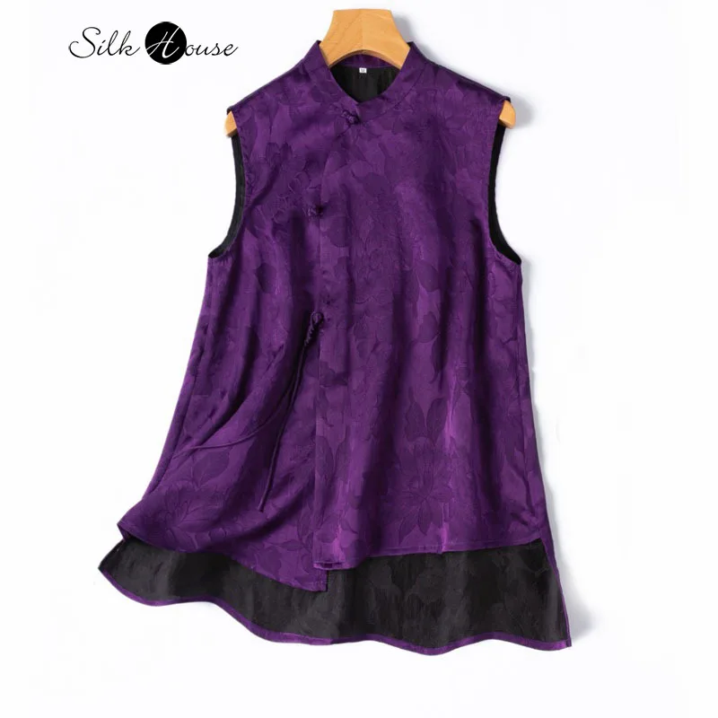 

Breathable 100% Natural Mulberry Silk Gambiered Guangdong Gauze Artistic New Chinese Style Women's Fashion Rich Purple Vest