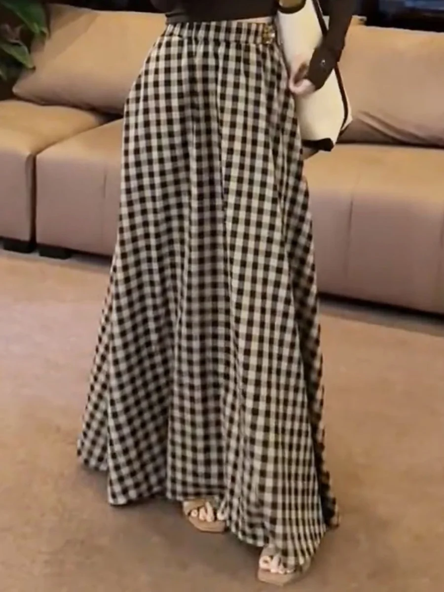 

Повседневная миди-юбка Salt Series в клетку с эластичным поясом, осенняя новинка, универсальная, стройнящая, с высокой талией, драпированная