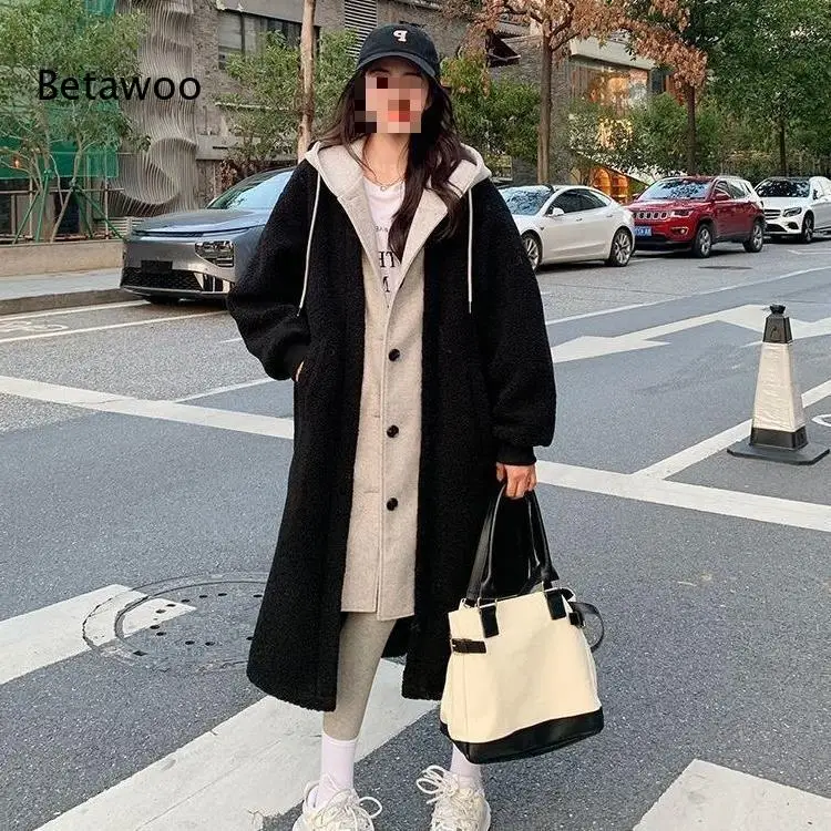 Women Faux Two Piece Hooded Long Coat Button Front Contrast Color Hood Loose Oversized Mid Length Outerwear for Daily