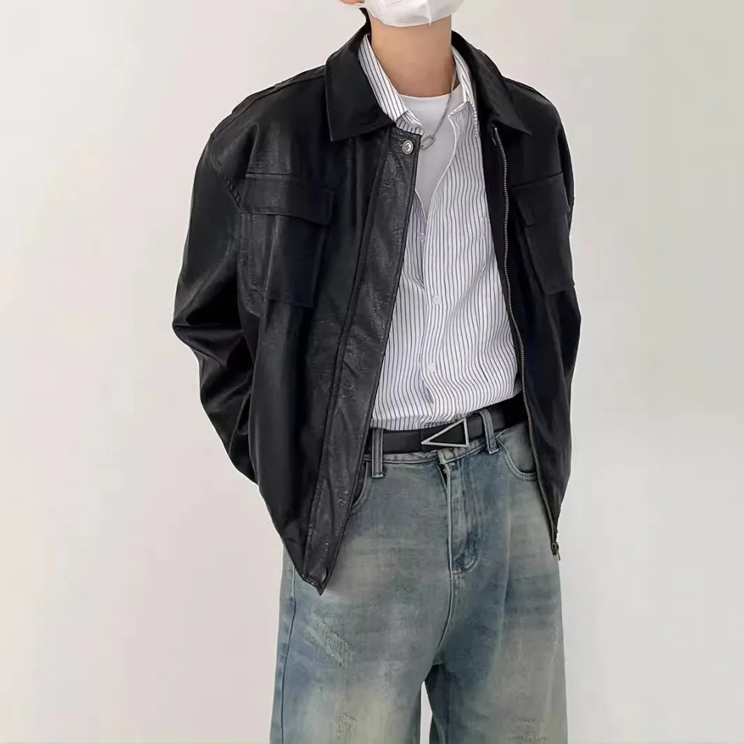 2025 autumn and winter Korean version trendy retro color old PU motorcycle style leather jacket men's loose lapel jacket