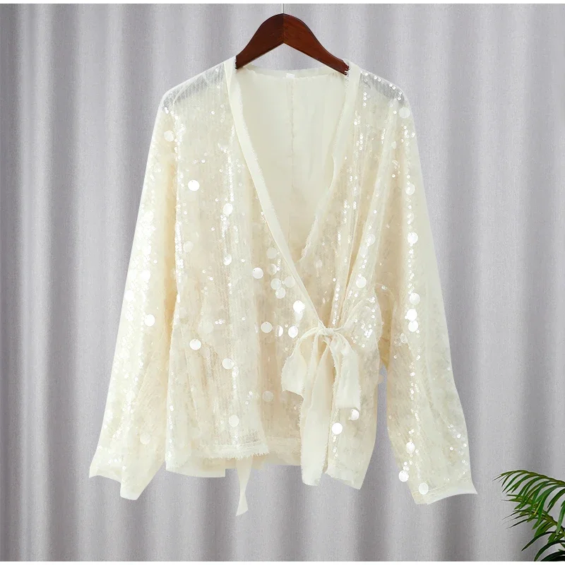 

2026 Spring Female Elegant V-neck Long Sleeve Shining Cardigan Coats Chic High Street Tops Women Fashion Sequin Lace Up Jackets