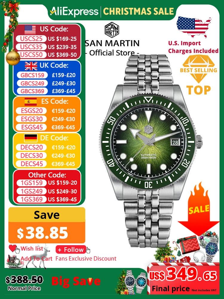 

San Martin 37.5mm Men Diver Watch Miyota 9015 Enamel Sunburst Dial Luxury Automatic Mechanical Watches Waterproof 200m SN0148