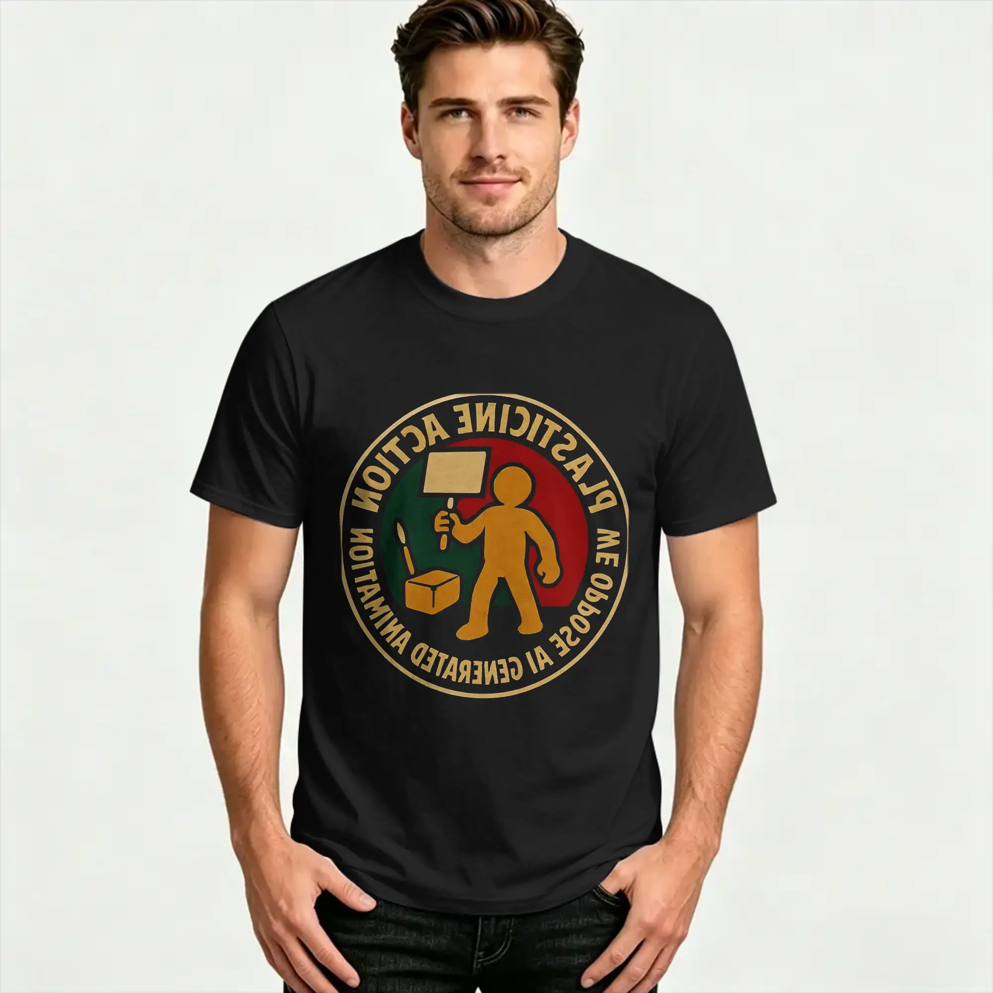 T-Shirts Plasticine Action We oppose AI generated animation Humorous Pure Cotton Tee Shirt T Shirt Round Neck Tops Summer