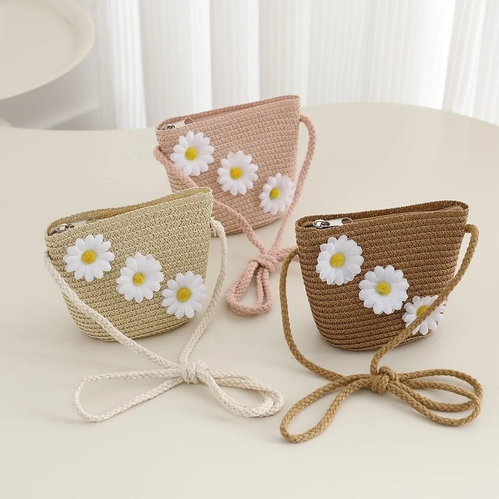 Sweet Small Daisy Children Beach Straw Hat Lace Wide Brim Sun Hat Solid Color Sun Protection Fisherman Hat for 2-8 Years