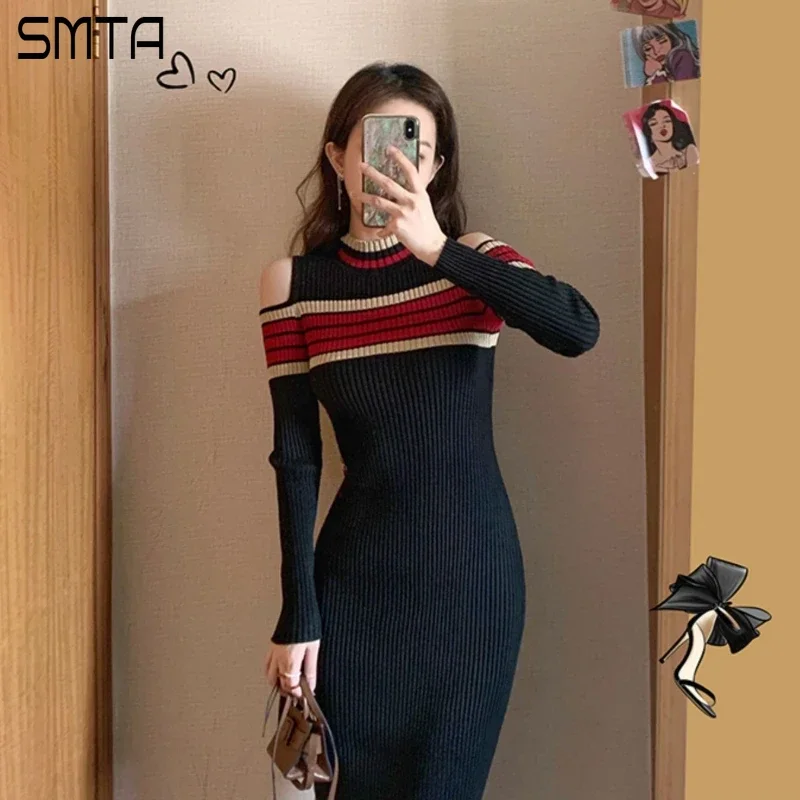 Abiti da lavoro a maglia invernali Vintage per le donne Sexy senza spalline o-collo manica lunga Robe Femme bottone con spacco laterale Vestido