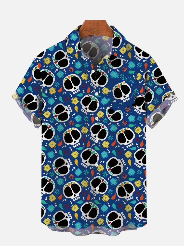 Men\'s Shirts Mexican style skull pattern 3D Print Tops New Summer  Casual Fashion Beach Party Tops Short Sleeves Men Clothing