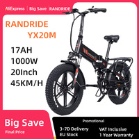 RANDRIDE YX20M Electric Bike 1000W Motor 20*4.0'' Fat Tires E-Bike 45km/h Max Speed 48V 17Ah Battery 80-90km Max Range 150kgLoad