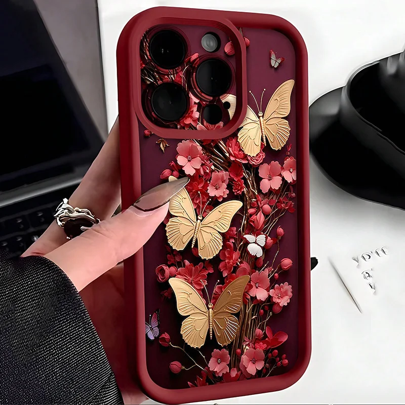 Vintage Red Floral Gold Butterfly Pattern Soft TPU Phone Case For iPhone 17 11 12 13 14 15 16 Pro Max XS X XR 7 8 Plus 16 Cover