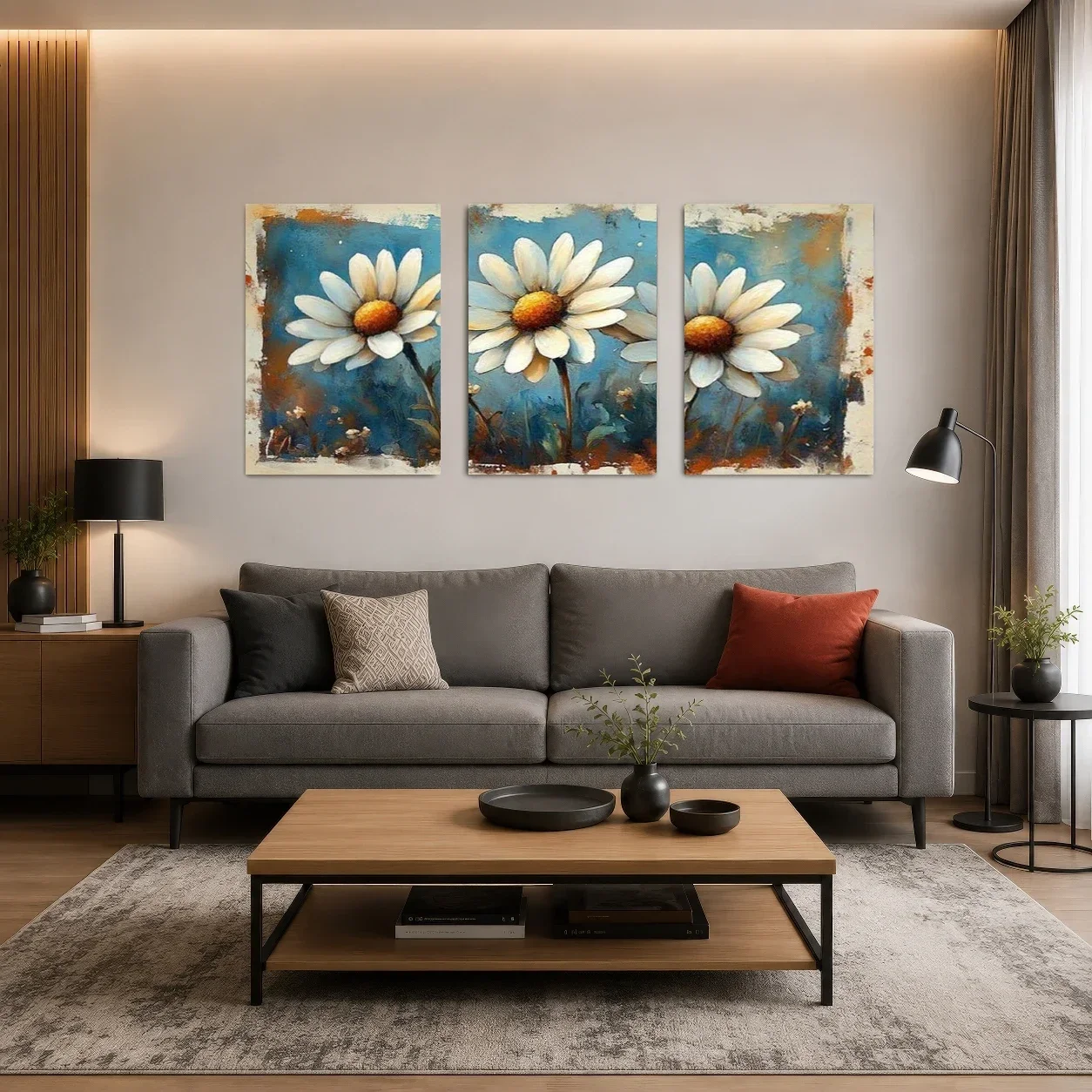2D Flat, 3pcs Minimalist Botanical White Daisies Wall Art Prints, Yellow Centers and Blue Background, Frameless Print Set for