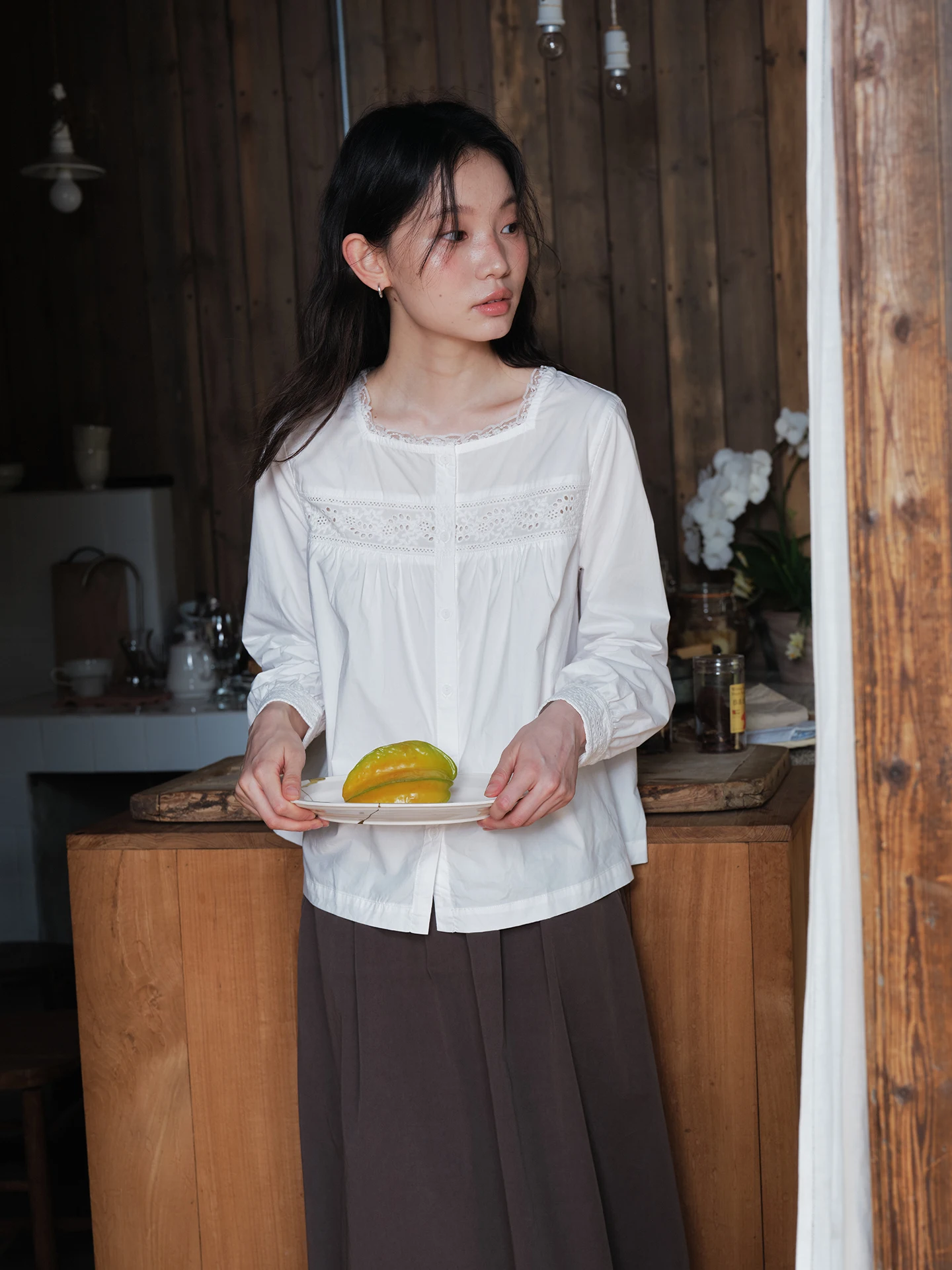 

Casual Cotton Blend Hollow out Square Collar Women's Shirt Spring Summer Breathable Comfortable Splicing Design Shirt