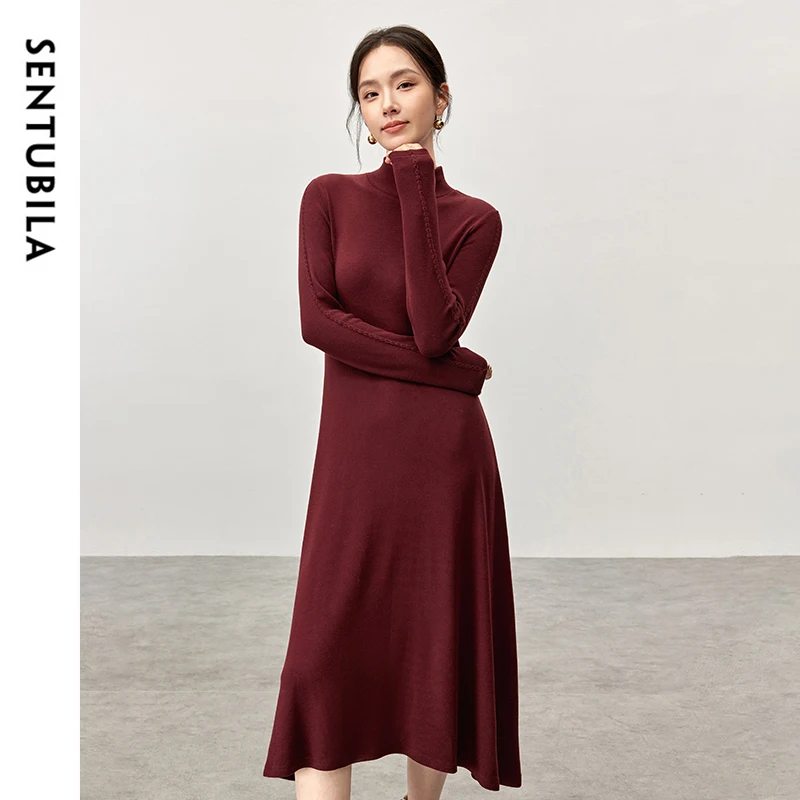 SENTUBILA Luxury Knitted Dresses for Women 2024 Autumn Winter Embroidery High Collar Long Sleeve Solid Dress Ladies 144L57405