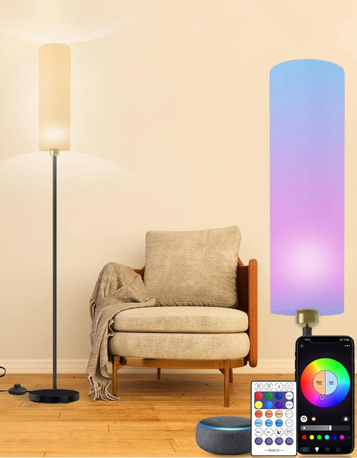 Smart Floor Lamp Works With Alexa & Google Home, Color Changing Stepless Dimmable For Living Room, Modern Standing Wifi Lamps