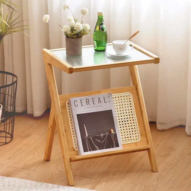 Japanese Style Sofa Side Cabinet with Glass Tea Table, Rattan Bedside Storage Shelf & Creative Balcony Square Table