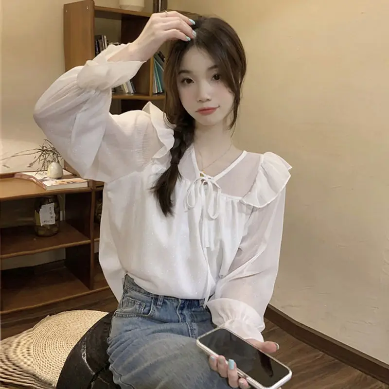 Korean Version Long Sleeves Ruffled V-neck Chiffon Shirt for Women\'s Spring Autumn New Gentle Style Super Fairy Lace-up Chic Top