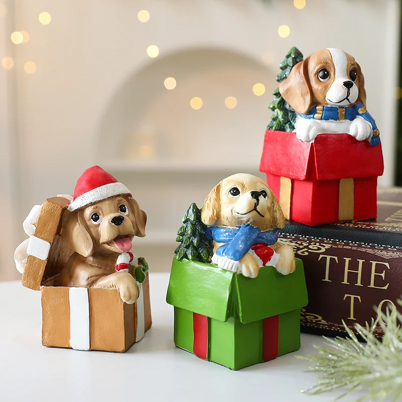 New Christmas Resin Dog Gift Pack Desktop Ornament Home Tavern Store Display Window Festive Atmosphere Creativity Decoration