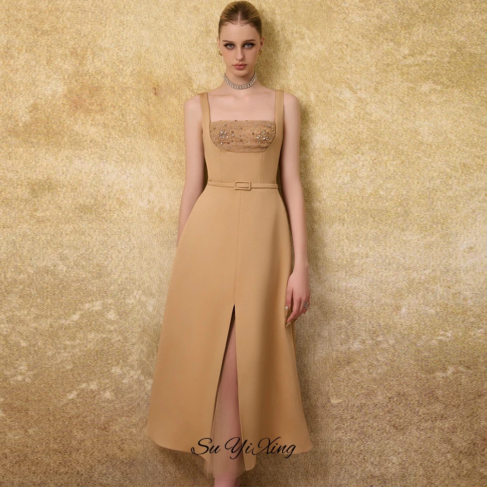 Formal Square Collar Sleeveless Evening Dress Customized A-Line Jersey Robe de soirée Exquisite Crystal Front Slit Party Dresses image 2
