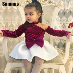 SUMNUS Colour Clash Satin A-Line Flower Girl Dresses Cute Bow O-Neck Knee-Length Long Sleeves Wedding Occasion Gowns Customized