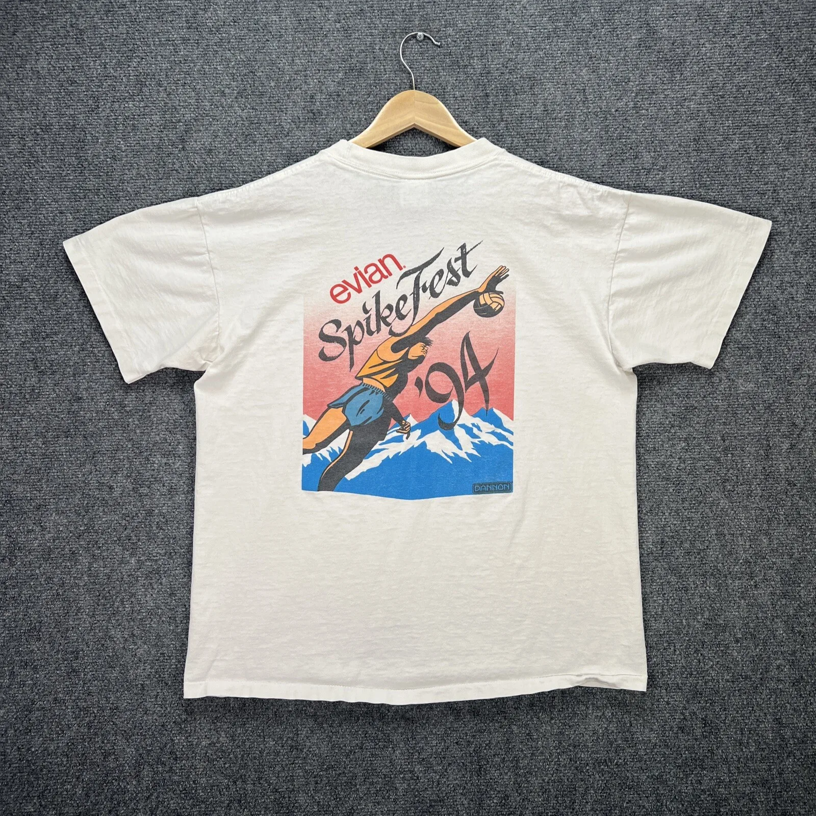 Camiseta Vintage Evian para hombre, grande, blanca, marca de agua de los años 90, deportes de voleibol, EE. UU.