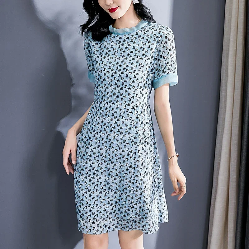 2023 Summer Women's Print Dresses Elegant Chic Stand Collar Short Sleeve Organza Patchwork 100% Real Silk Women A-line Dress