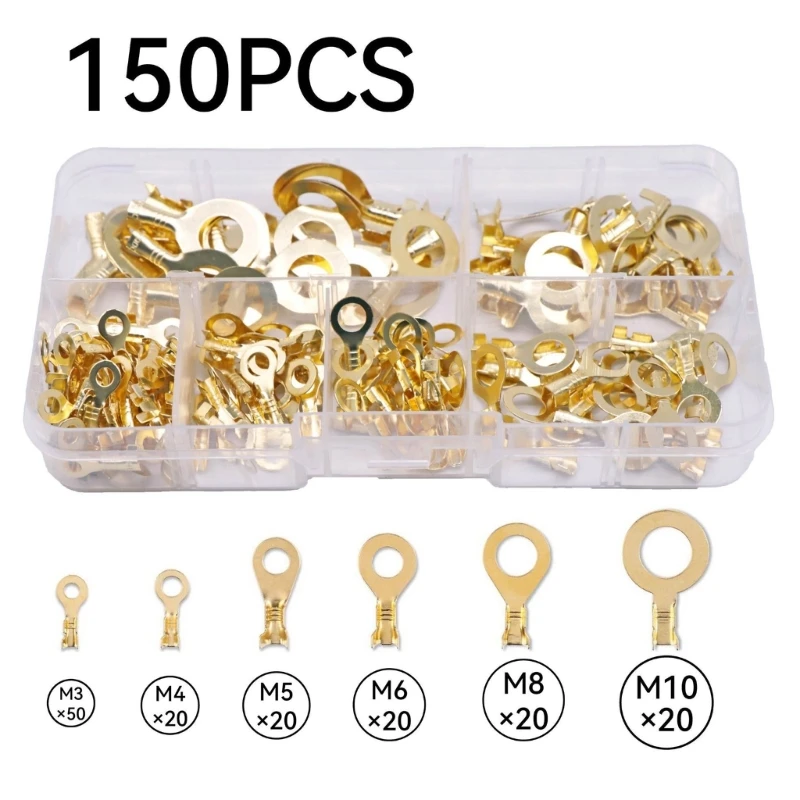 150Pcs Non-Insulated Rings Terminals Brass Wire Connectors Open Barrels Wire Rings Cable Lugs Crimp Kit Easy to Use