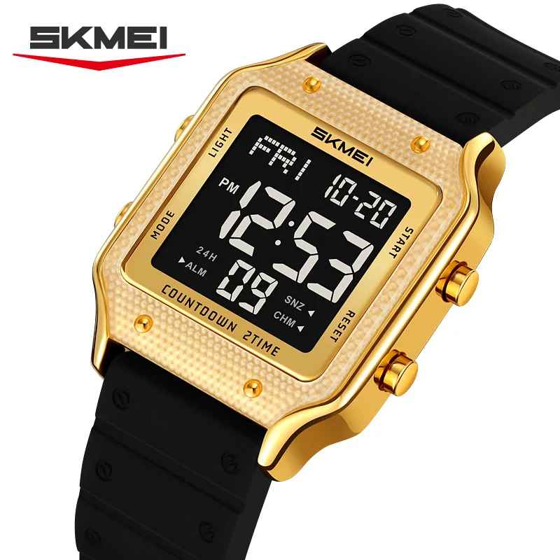 SKMEI 2526 Watch Stylish Square Design Gold Trimmed Zinc Alloy Case, Silica Gel Strap Chrono  Alarm Functions Unisex Sport